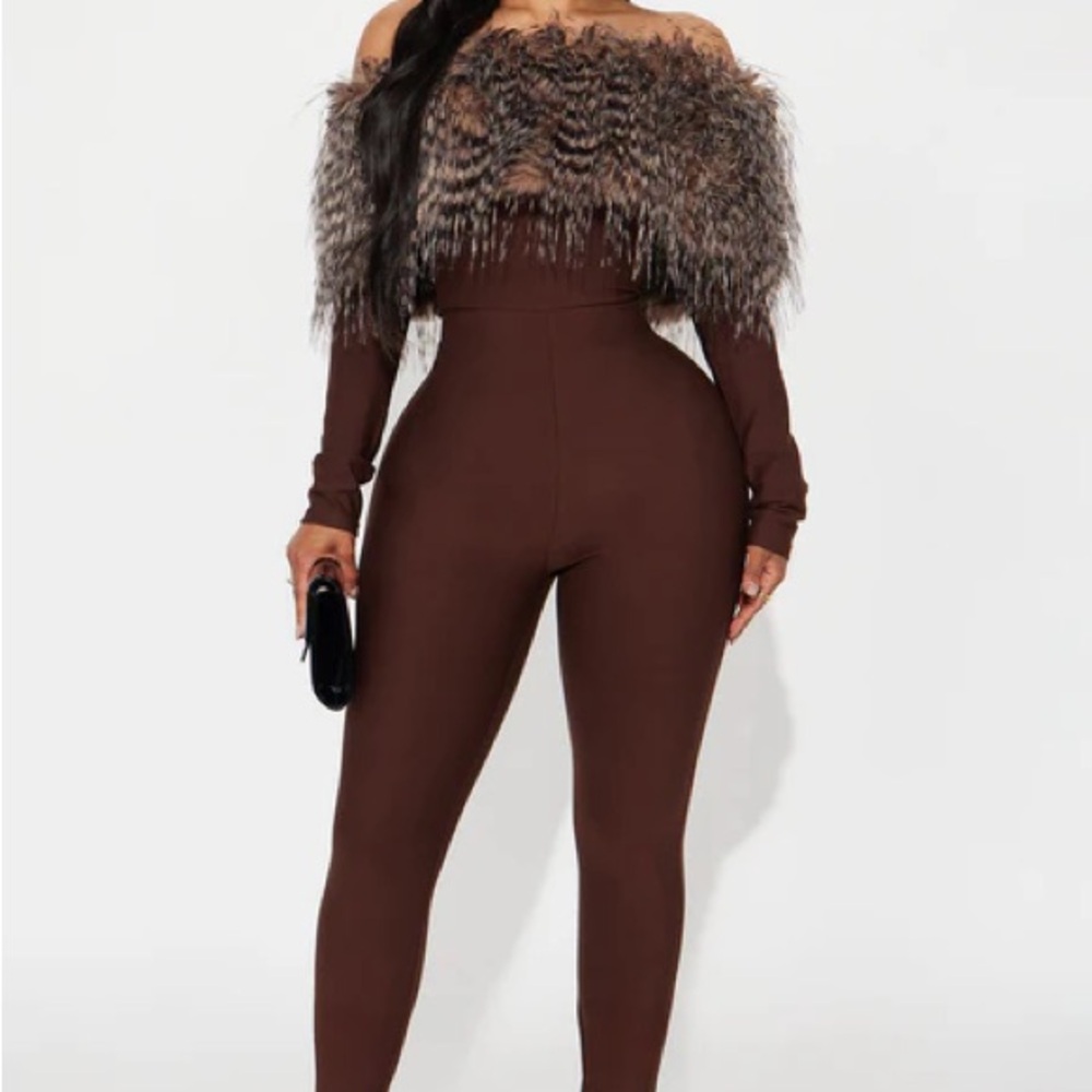 Fashion Nova Brown Feathered Jumpsuit